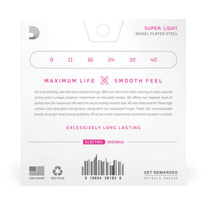 D'Addario XS Nickel Coated Electric Strings, XSE0942, 09-42, Super Light