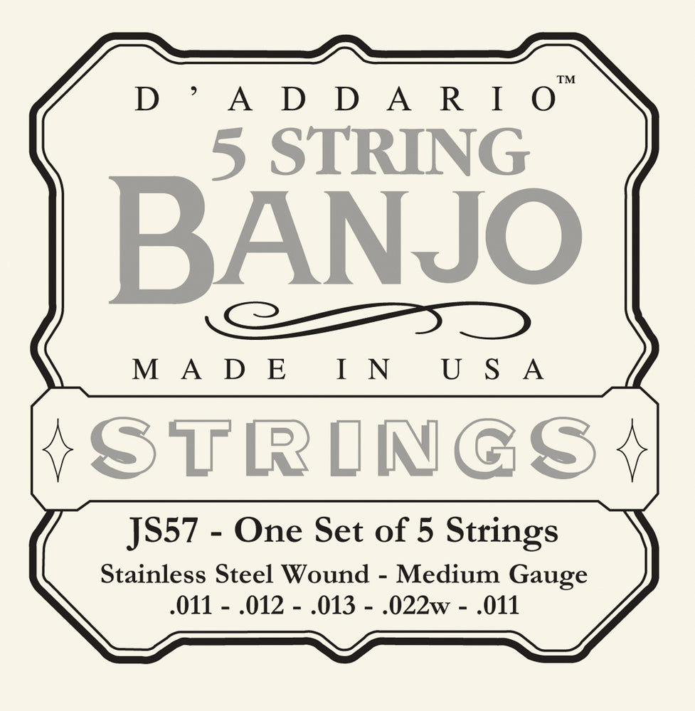 D'Addario JS57 5-String Banjo Strings, Stainless Steel, Custom Medium, 11-22