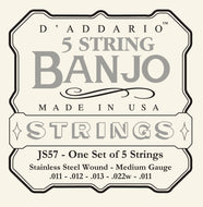 D'Addario JS57 5-String Banjo Strings, Stainless Steel, Custom Medium, 11-22