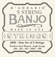 D'Addario JS60 5-String Banjo Strings, Stainless Steel, Light, 9-20