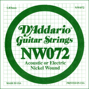 D'Addario NW072 Nickel Wound Electric Guitar Single String, .072