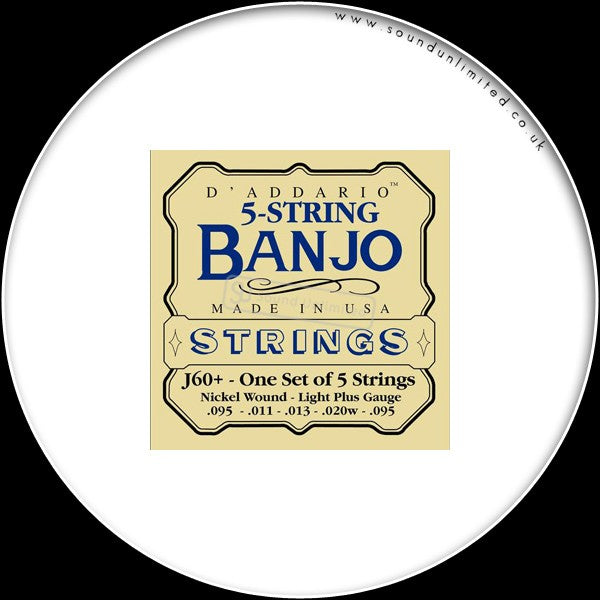 DAddario J60+ 5-String Banjo, Nickel Wound, Light Plus